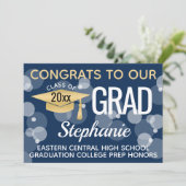 Navy Gold Modern Confetti Bokeh Bubbles Afstuderen Kaart (Staand voorkant)