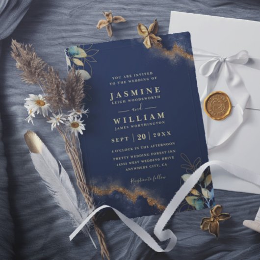 Navy Gold Modern Elegant Chic QR Code Wedding Kaart