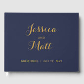 Navy Gold Modern Script Foto bruiloft gastenboek (Voorkant)