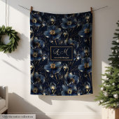 Navy Gold Monogram Blanket Chic Floral Decor Fleece Deken