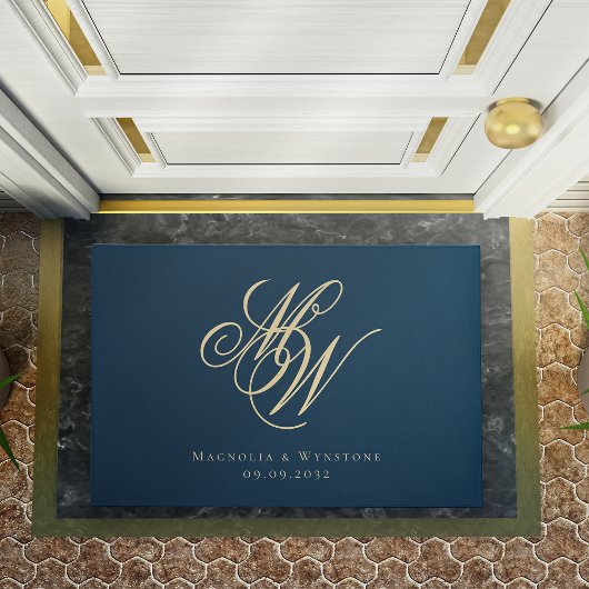 Navy Gold Monogram Couple Deurmat