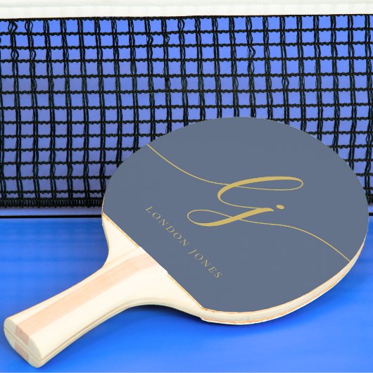 Navy Gold Monogram Script Naam Modern Monogram Tafeltennisbatje