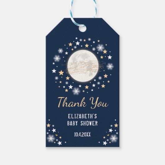 Navy Gold Moon Baby shower gunsten Twinkle Star Cadeaulabel (Voorkant)