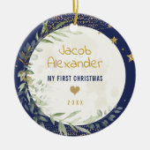 Navy Gold Moon & Stars Baby 1e Kerstmis Keramisch Ornament (Voorkant)