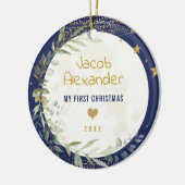 Navy Gold Moon & Stars Baby 1e Kerstmis Keramisch Ornament (Links)