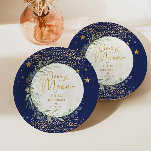 Navy Gold Moon & Stars Greenery Baby shower Papieren Bordje