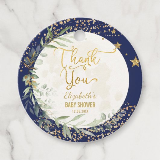 Navy Gold Moon Twinkle Little Star Baby shower Bedankjes Labels (Voorkant)