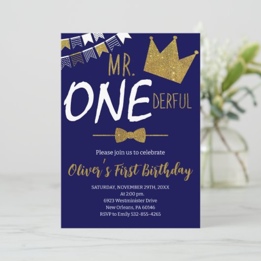 Navy & Gold, Mr.Onederful Uitnodigen, Jongen 1e Ve Kaart (Staand voorkant)