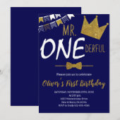 Navy & Gold, Mr.Onederful Uitnodigen, Jongen 1e Ve Kaart (Voorkant / Achterkant)