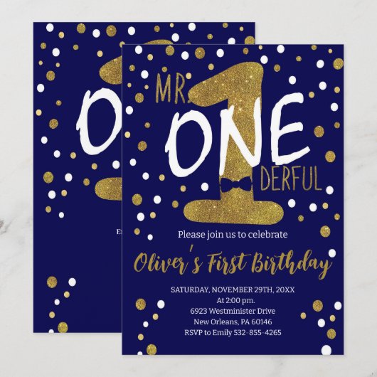 Navy & Gold, Mr. Onederful Verjaardag, Polka Dots Kaart (Voorkant / Achterkant)