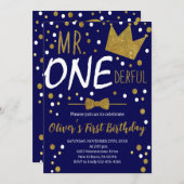 Navy & Gold, Mr. Onederful Verjaardag, Polka Dots Kaart (Voorkant / Achterkant)