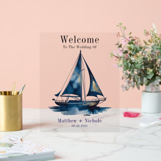 Navy Gold Nautical Boat Gold Wedding Welcome Sign Acryl Bord (Huwelijk)