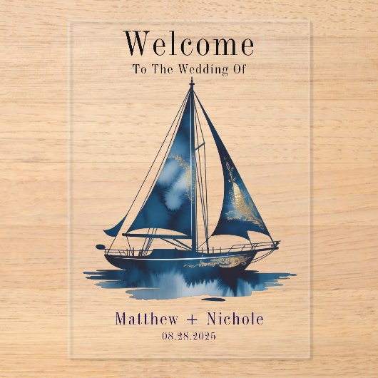 Navy Gold Nautical Boat Gold Wedding Welcome Sign Acryl Uitnodigingen (Voorkant)