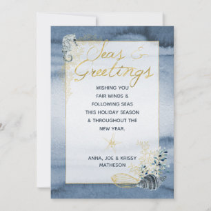 Navy & Gold Nautical Zeeen & Greetings Kerstmis Feestdagenkaart