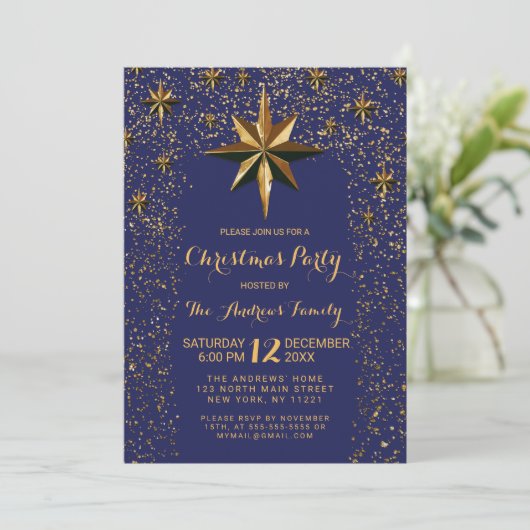 Navy Gold North Star Glitter Confetti kerst Kaart (Staand voorkant)
