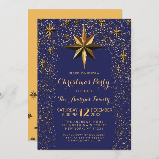 Navy Gold North Star Glitter Confetti kerst Kaart (Voorkant / Achterkant)