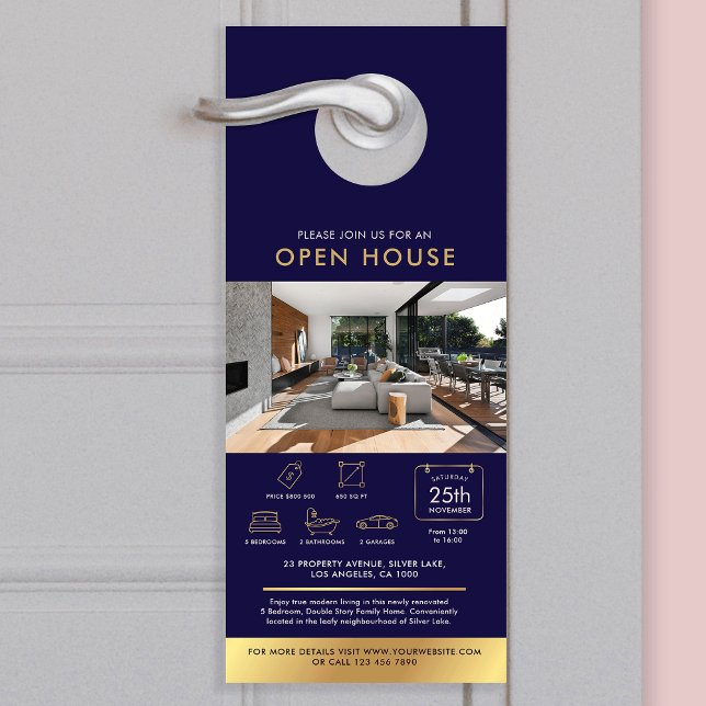 Navy & Gold Open House Uitnodigingshuis te koop Deurhanger (Navy and gold real estate house for sale marketing door hanger with photos and custom text)