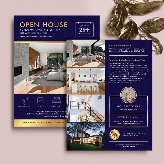 Navy & Gold Open Huis Te Koop Flyer Met Foto'S