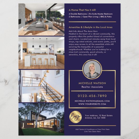 Navy & Gold Open Huis Te Koop Flyer Met Foto'S (Achterkant)