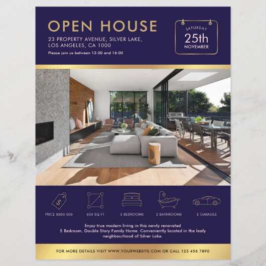 Navy & Gold Open Huis Te Koop Flyer Met Foto'S (Voorkant)