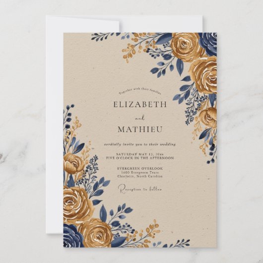 Navy Gold Ornate Rustic Wedding Kaart (Voorkant)