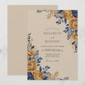Navy Gold Ornate Rustic Wedding Kaart (Voorkant / Achterkant)
