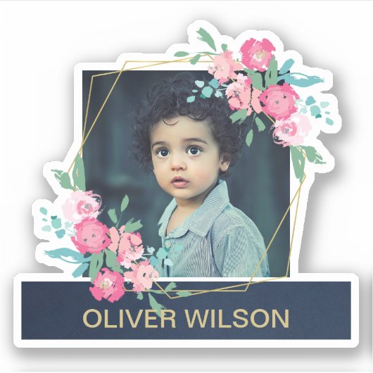 NAVY GOLD OVERLAY PINK BLUSH FLORAL WREATH FOTO STICKER (Voorkant)