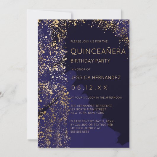Navy Gold Paint Splatter Brushstroke Quinceañera Kaart (Voorkant)