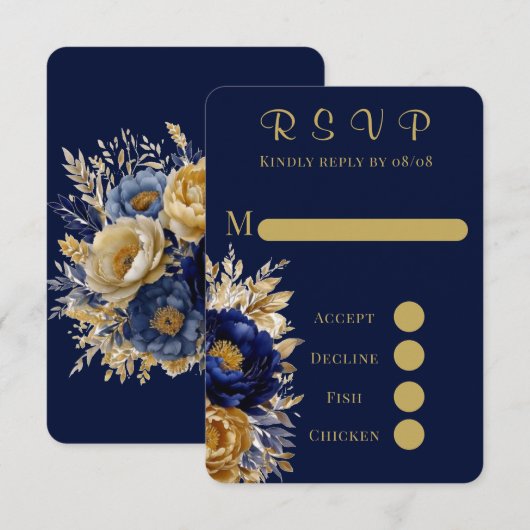 Navy Gold Painted Peony Wedding RSVP Kaarten (Voorkant / Achterkant)