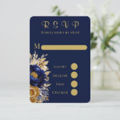 Navy Gold Painted Peony Wedding RSVP Kaarten Kaartje (Staand voorkant)