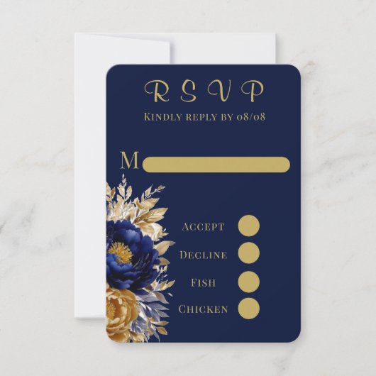 Navy Gold Painted Peony Wedding RSVP Kaarten Kaartje (Voorkant)