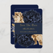 Navy Gold Painted Peony Wedding Save the Date Kaar Bedankkaart (Voorkant / Achterkant)