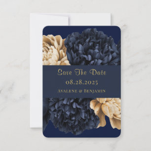 Navy Gold Painted Peony Wedding Save the Date Kaar Bedankkaart