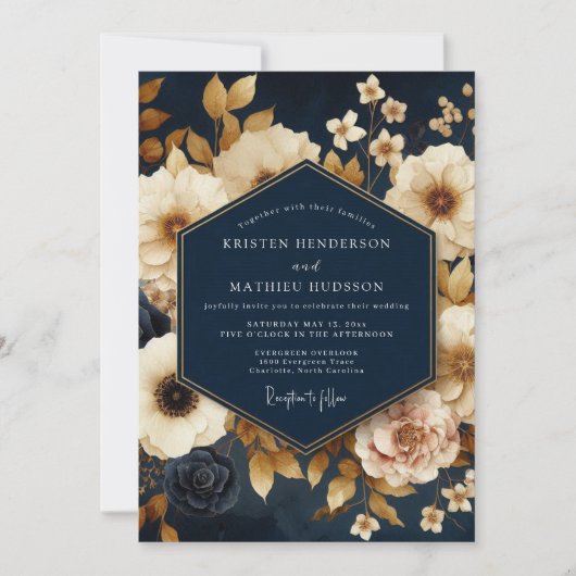 Navy Gold Painterly Bloom Wedding Kaart (Voorkant)