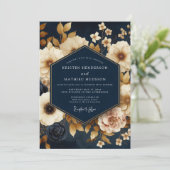 Navy Gold Painterly Bloom Wedding Kaart (Staand voorkant)