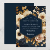 Navy Gold Painterly Bloom Wedding Kaart (Voorkant / Achterkant)