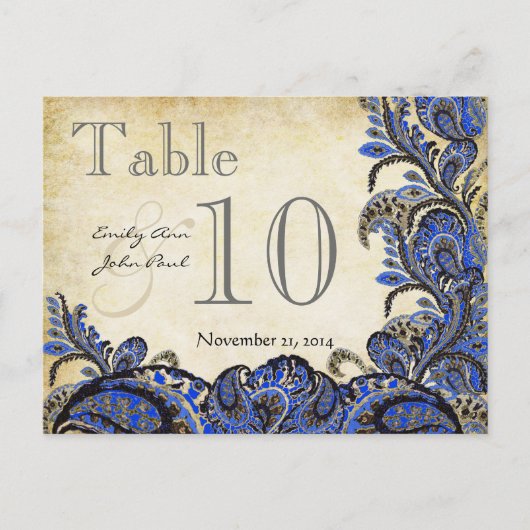 Navy Gold Paisley Wedding Table Number Briefkaart (Voorkant)