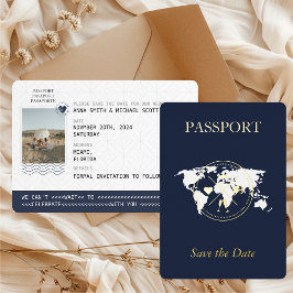 Navy Gold Passport Bestemmingsfoto Bewaar de datum Folie Uitnodiging