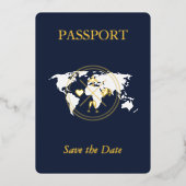 Navy Gold Passport Bestemmingsfoto Bewaar de datum Folie Uitnodiging (Voorkant)