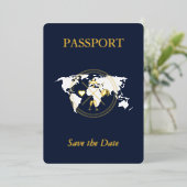 Navy Gold Passport Bestemmingsfoto Bewaar de datum Folie Uitnodiging (Staand Voorkant)