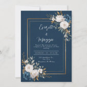 Navy & Gold Peony Wedding Kaart (Voorkant)