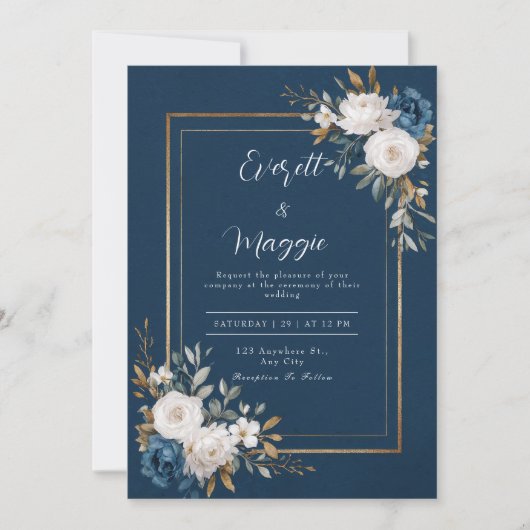 Navy & Gold Peony Wedding Kaart (Voorkant)