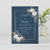 Navy & Gold Peony Wedding Kaart (Staand voorkant)