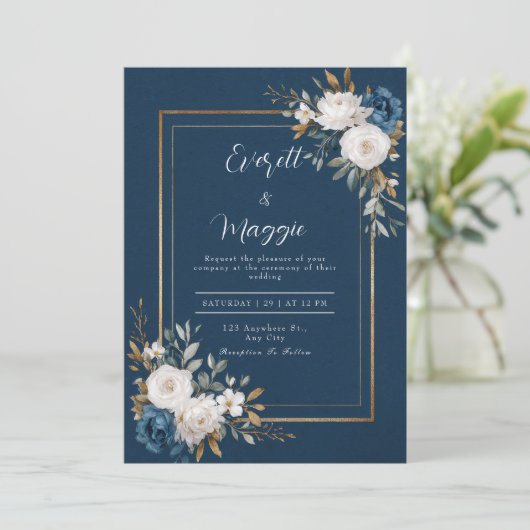 Navy & Gold Peony Wedding Kaart (Staand voorkant)
