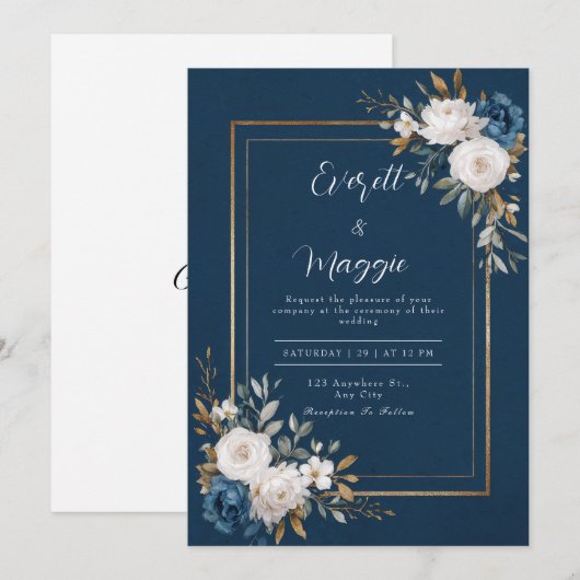 Navy & Gold Peony Wedding Kaart (Voorkant / Achterkant)