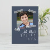 Navy, Gold & Photo Hebrew Bar Mitzvah Uitnodiging (Staand voorkant)