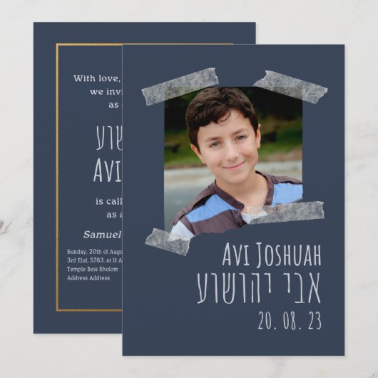 Navy, Gold & Photo Hebrew Bar Mitzvah Uitnodiging (Voorkant / Achterkant)