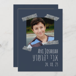 Navy, Gold & Photo Hebrew Bar Mitzvah Uitnodiging