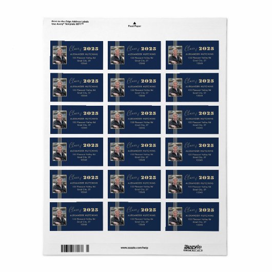 Navy Gold Photo Lijst 2025 Afstudeerder Adres Etiket (Full Sheet)