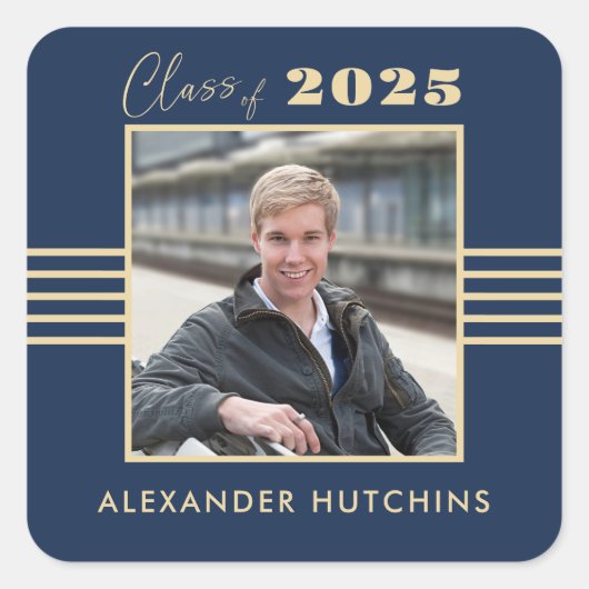 Navy Gold Photo Lijst 2025 Afstuderen Vierkante Sticker (Voorkant)